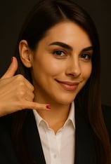 Una joven emprendedora haciendo gesto de "llámame" para el "contacto" de Marketing de Xianna Studio