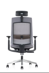 Black mesh performance chair with headrest, rear view on casters