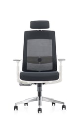 Black mesh chair with white frame and headrest, front view on casters