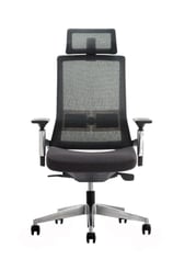 Black mesh executive chair with headrest, front view on casters