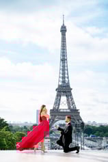 Romantic couple photoshoot near the Eiffel Tower at sunrise