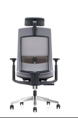 Black mesh performance chair with headrest, rear view on casters