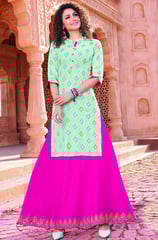 A fusion favorite, skirt-kurta combos are ideal for festivals and weddings. The long flared skirt ad