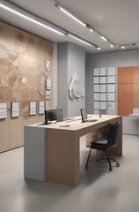 An interior space featuring a modern showroom with large ceramic tiles and bright lighting. The walls display brand signage and various tile samples. A sleek, minimalist desk is centered, surrounded by a clean and spacious environment.