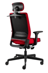 Red and black ergonomic chair with mesh back and headrest, rear view on casters