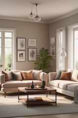 A spacious, well-lit showroom filled with a variety of modern and classic furniture pieces. There are several sofas, armchairs, coffee tables, and dining tables arranged in a cozy and inviting manner. The decor includes vases, cushions, and artistic pieces, and the color scheme is neutral with pops of color from accessories. Large windows in the background provide ample natural light.