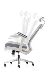 Mesh chair with white frame shown in recline positions, dynamic side view