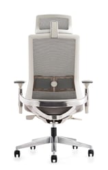 White mesh executive chair with headrest, rear view on casters