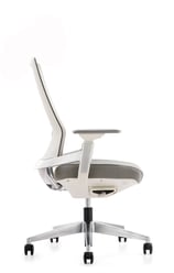 White mesh executive chair with curved backrest, side view on casters