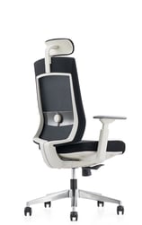 Black mesh chair with white backrest frame and headrest, angled rear view