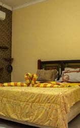 a bed with a yellow bedding and a mirror museum room at sunrise lodge and lounge