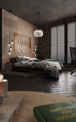 Interior render of a bedroom.