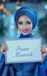 model cantik dengan pakaian biru membawa papan tulisan promo menarik