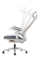 White mesh executive chair in reclined position, side angle on casters