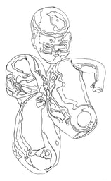 Line drawing of 2 broken dolls by Christine Gallagher