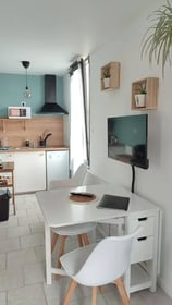 Modern studio for rent with a fully equipped kitchenette, desk area, wall-mounted TV, Scandinavian d