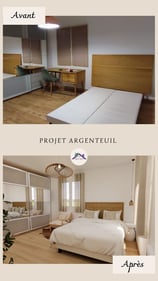 Chambre style neutre tapis peau de vache espace de rangement mobilier bois et travertin