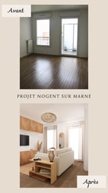 salon style boheme avec un canapé beige et un espace télé avec beaucoup de rangement