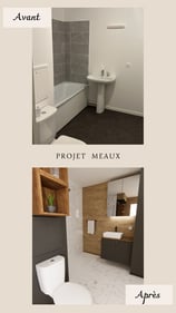 salle d'eau marbre, carrelage effet bois et mobilier gris anthracite 
