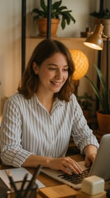 a woman sitting at a desk with a laptop computer