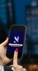 Person holding a smartphone with NexaGroup logo on screen, representing digital solutions and brandi