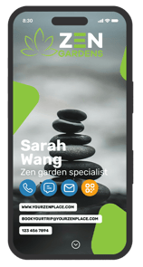 Tranquility and balance: a digital business card design for zen garden specialists and relaxation retreats.