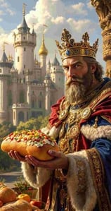 seorang raja menawarkan roti berlapis emas dengan topping yang banyak diatasnya. Di belakangnya ada bangunan kerajajaan eropa
