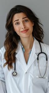 a woman in a lab coat and a stethoscope on her hands