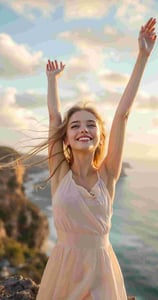 model wanita 15 tahun cantik yang tangannya ekspresi senyum manis. lokasi di tepi tebing pantai