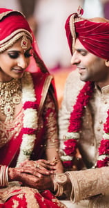 a man and woman in traditional indian wedding attire