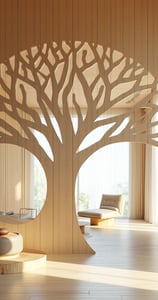 Interior design of a living room with a decorative tree as the centerpiece of the space.