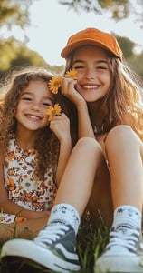 Dos niñas de 11 y 6 años sentadas en el pasto con margaritas amarillas en las manos. 