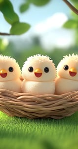 Drie kleine kuikentjes in een nestje