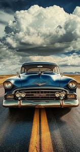 Amerikaanse vintage auto op een verlaten weg