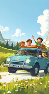 Simpele cartoon van een auto met kinderen