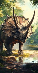 Een Triceratops in het bos bij een meer