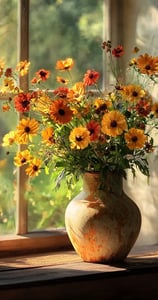 Een vaas met gele en oranje veldbloemen