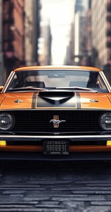 Een Ford Musting eerste editie in een stad uit 1970