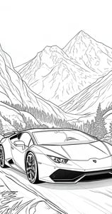 A highly detailed line  image of a lamborghini Huracan in the mountains