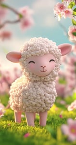 schattig lammetje in de lente, omringt door bloesem