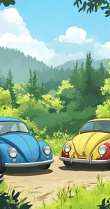 Simpele cartoon van twee auto's in de natuur