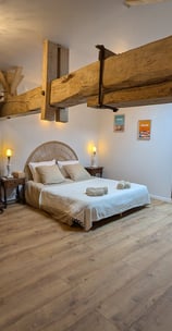 a bedroom with a bed and a chair