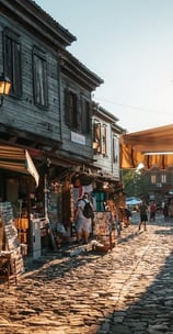 a street scene with a cobblestone road and a cobblestone road
