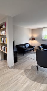 a living room with a couch and a chair