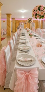 Decoración en tonos rosados con moños en las sillas, arreglos florales altos y ambiente romántico pa