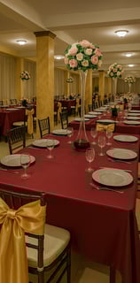 Montaje de mesas con manteles burdeos, sillas con lazos dorados y centro de mesa floral en salón de
