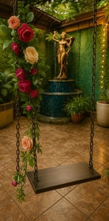 Columpio decorativo con flores frente a fuente y estatua dorada en área verde de Magic Party.