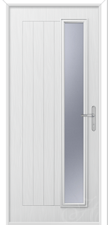 a white front door with a long piece of glass to the right