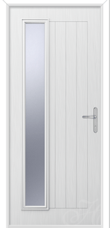 a white front door with a long piece of glass to the left
