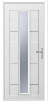 a white composite door with one long piece of glass